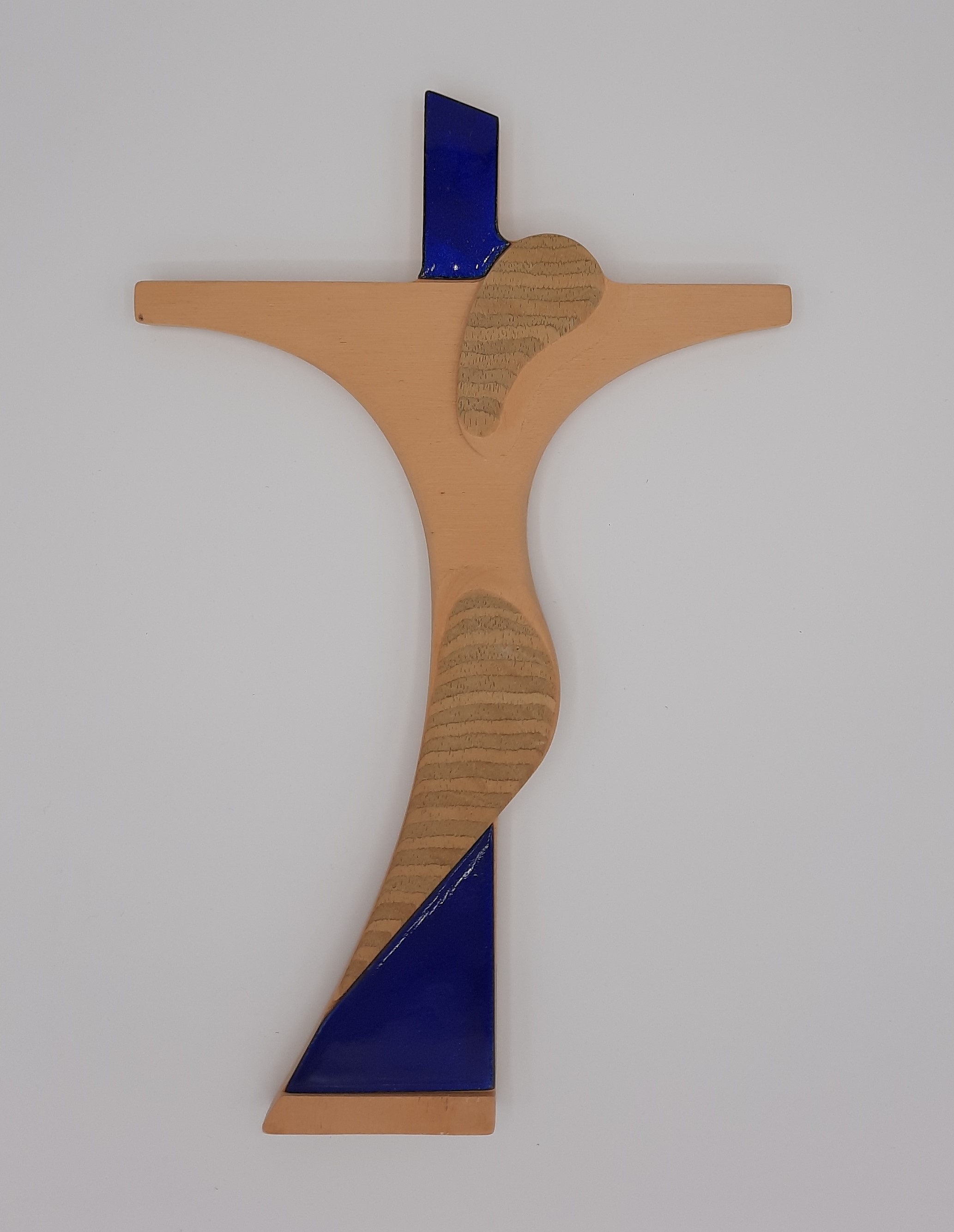Steh-/Hängekreuz Holz mit blauer Emailleauflage 28 x 18 cm