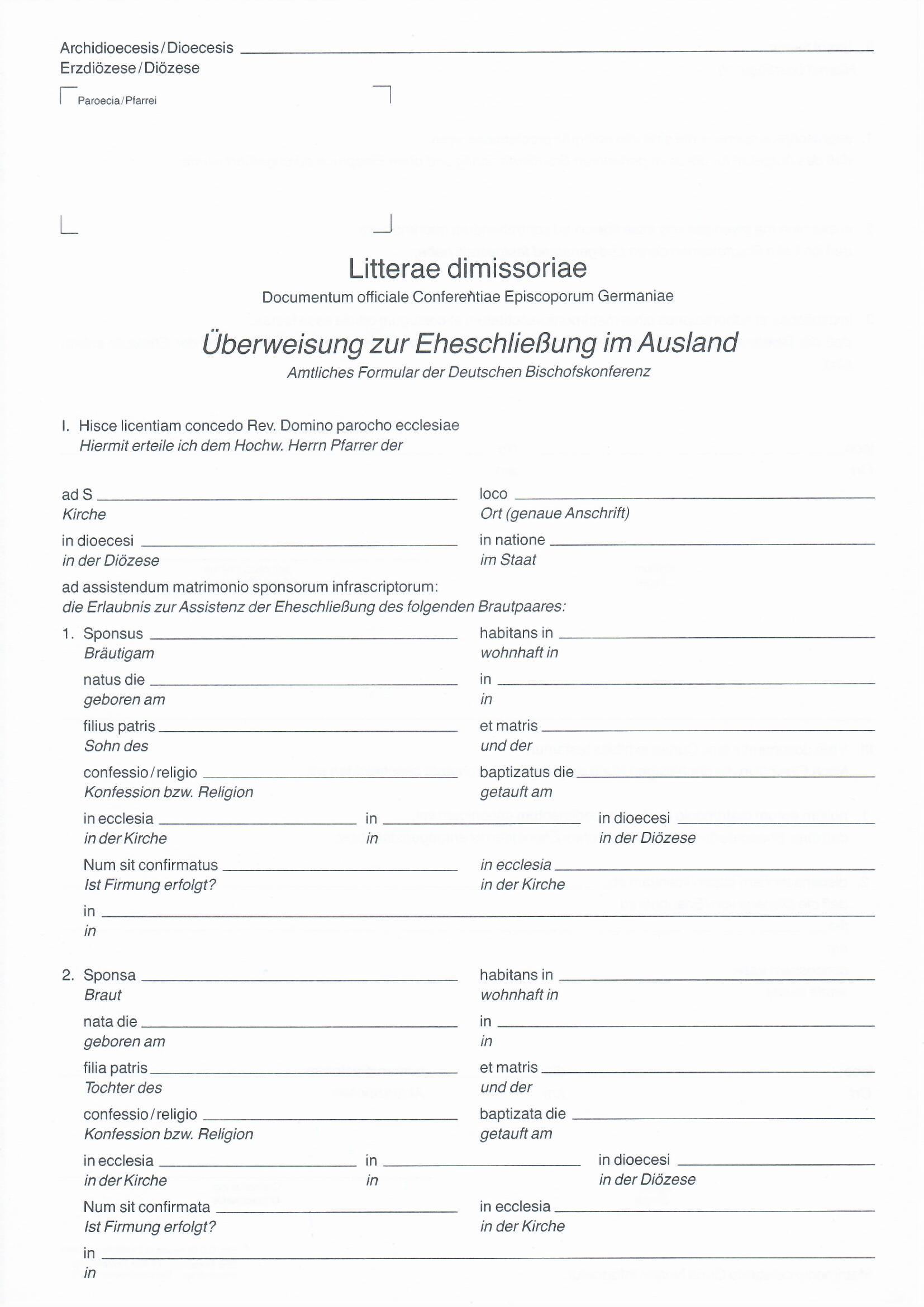 13.15 Litterae dimissoriae - Überweisung zur Eheschließung im Ausland