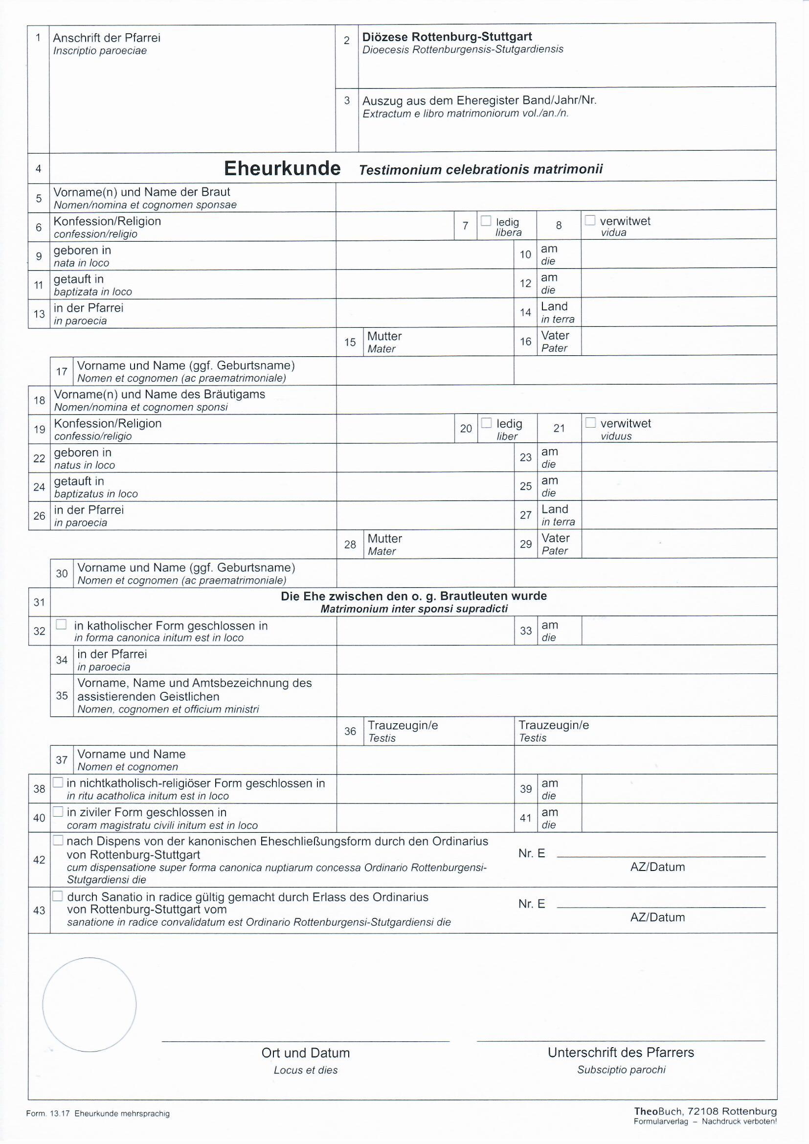 13.17 Eheurkunde - Testimonium celebrationis matrimonii 