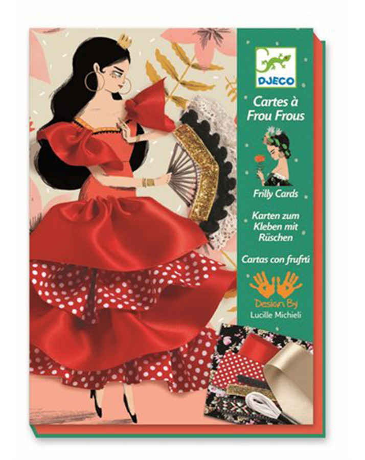 Djeco Handarbeit Nähen Flamenco 8674, Karten zum Kleben mit Rüschen