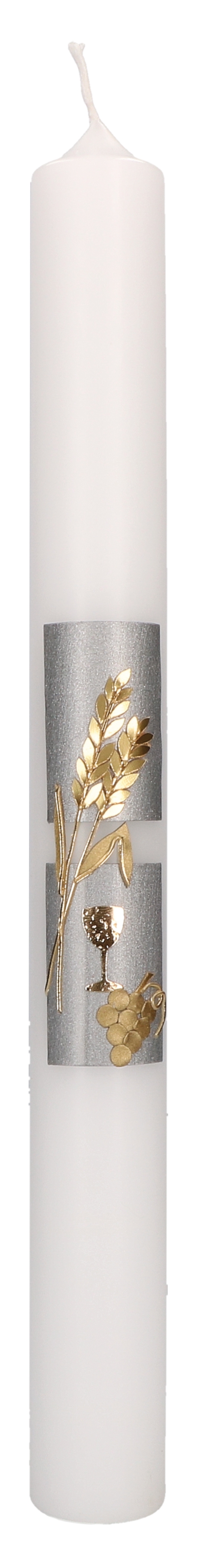 Kommunionkerze mit Wachsmotiv - Kelch, Ähren und Trauben in Gold auf silbernem Hintergrund - Cover